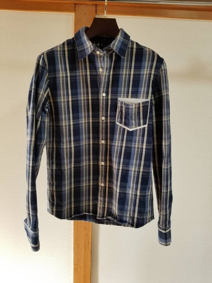 wjk　4814　ch70e　madras check leather-pocket shirts　レザー　ポケット　チェック　シャツ　ネイビー　サイズ　M