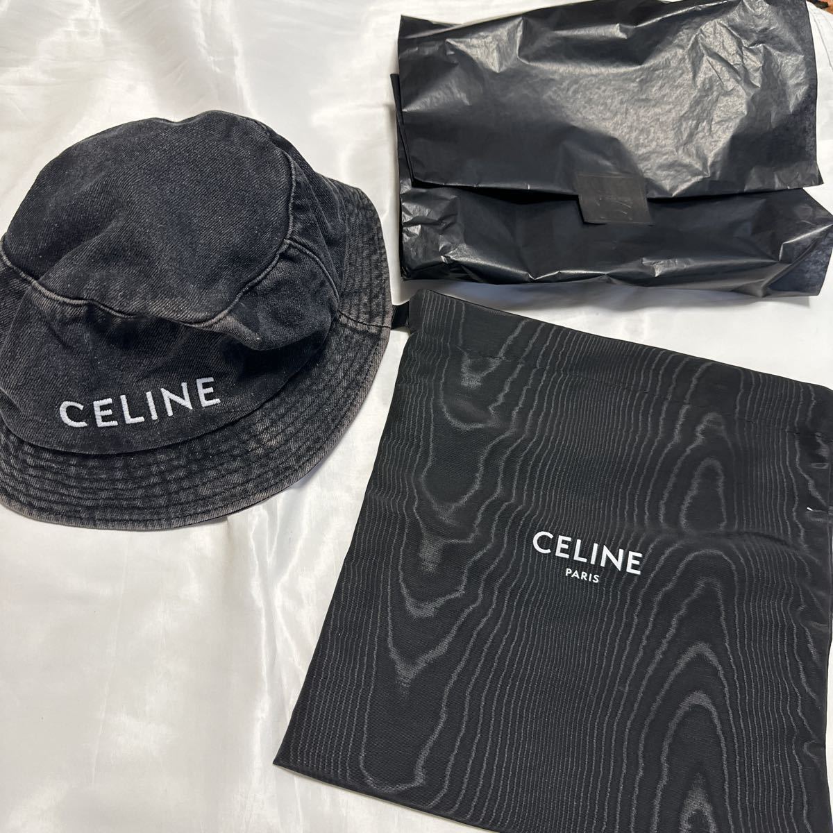 新品　タグ付き　セリーヌ　CELINE デニム ロゴ バケットハット 帽子　サイズM ウォッシュデニム　ブラック