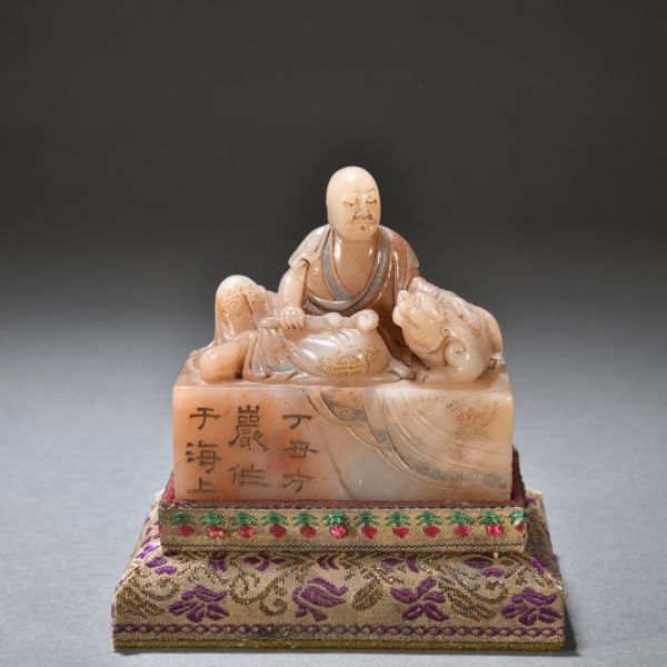 清・古寿山石・芙蓉石彫・子母獣鈕印章・箱付』極細工 置物古賞物 中国