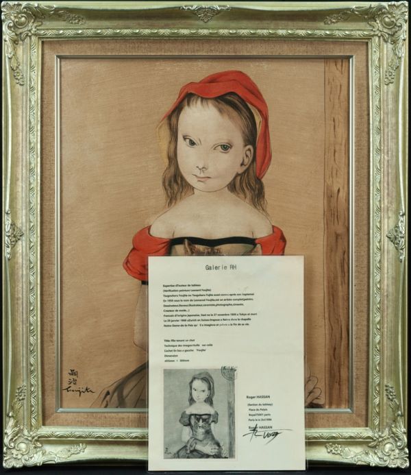 ○藤田嗣治○油絵 手描き《猫を抱く少女》表サイン 写真つき鑑定 ○藤田嗣治○油絵 手描き《猫を抱く少女》表サイン 写真つき鑑定