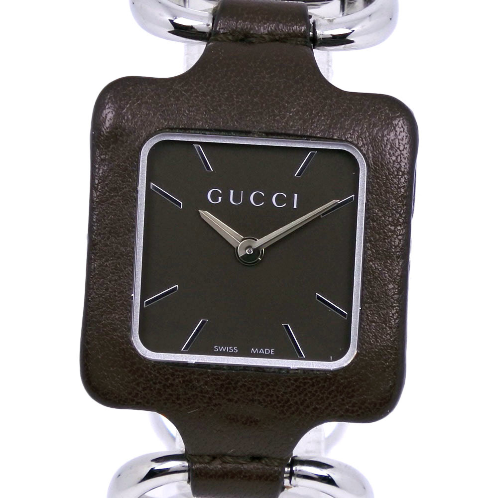 GUCCI グッチ YA130.5 腕時計 SS×レザー シルバー クオーツ アナログ表示 メンズ ブラウン文字盤【I150223033】中古