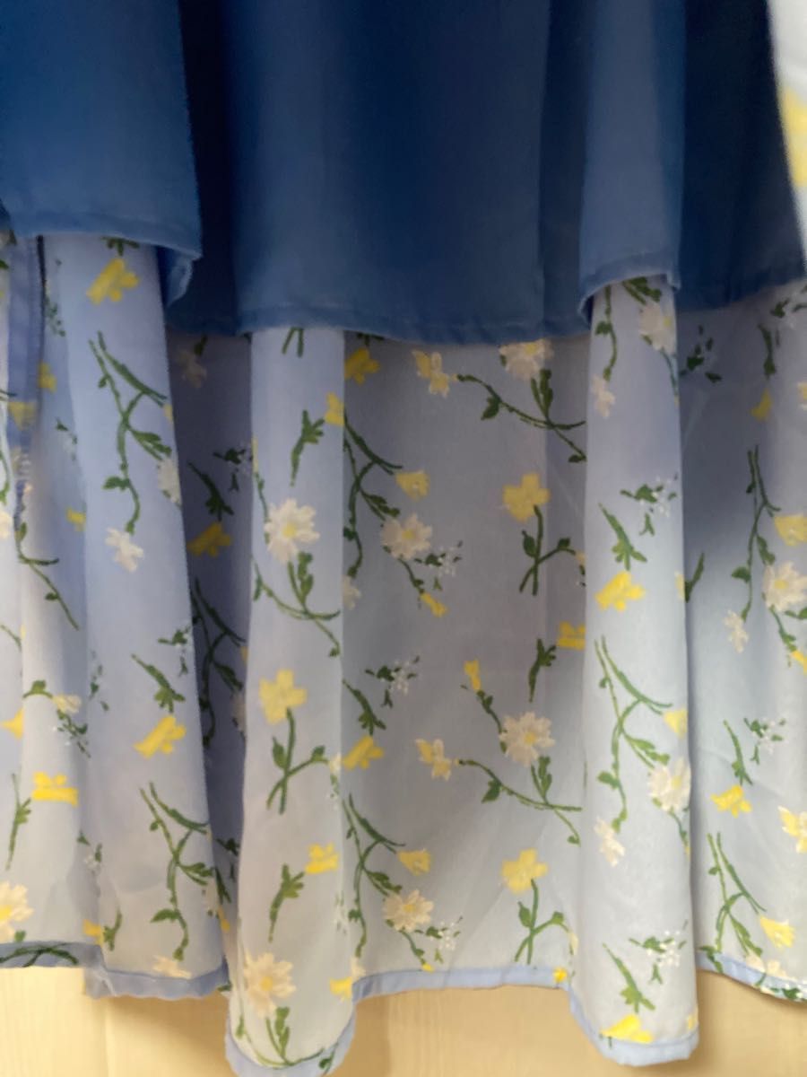 水色　ボタニカル　花柄　サマースカート　 ウエストゴム ギャザースカート Lサイズ フレアスカート