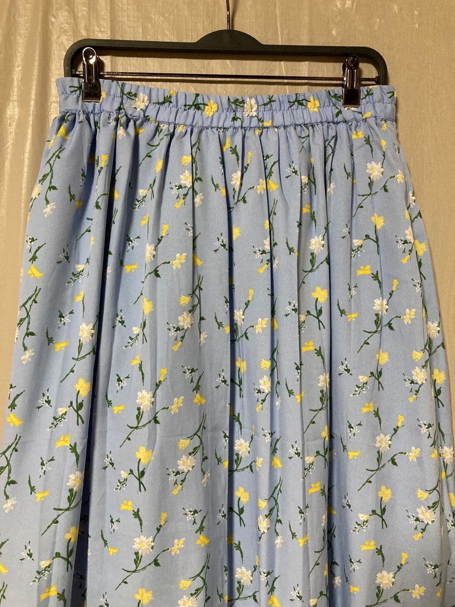 水色　ボタニカル　花柄　サマースカート　 ウエストゴム ギャザースカート Lサイズ フレアスカート