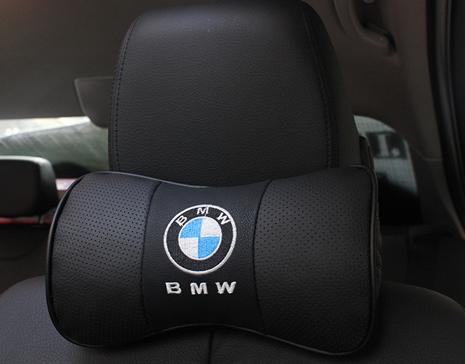 BMW 車用ネックパッド 首クッション 2個セット ヘッドレスト ネックピロー ドライブ レザー 刺繍ロゴ ブラック_画像2