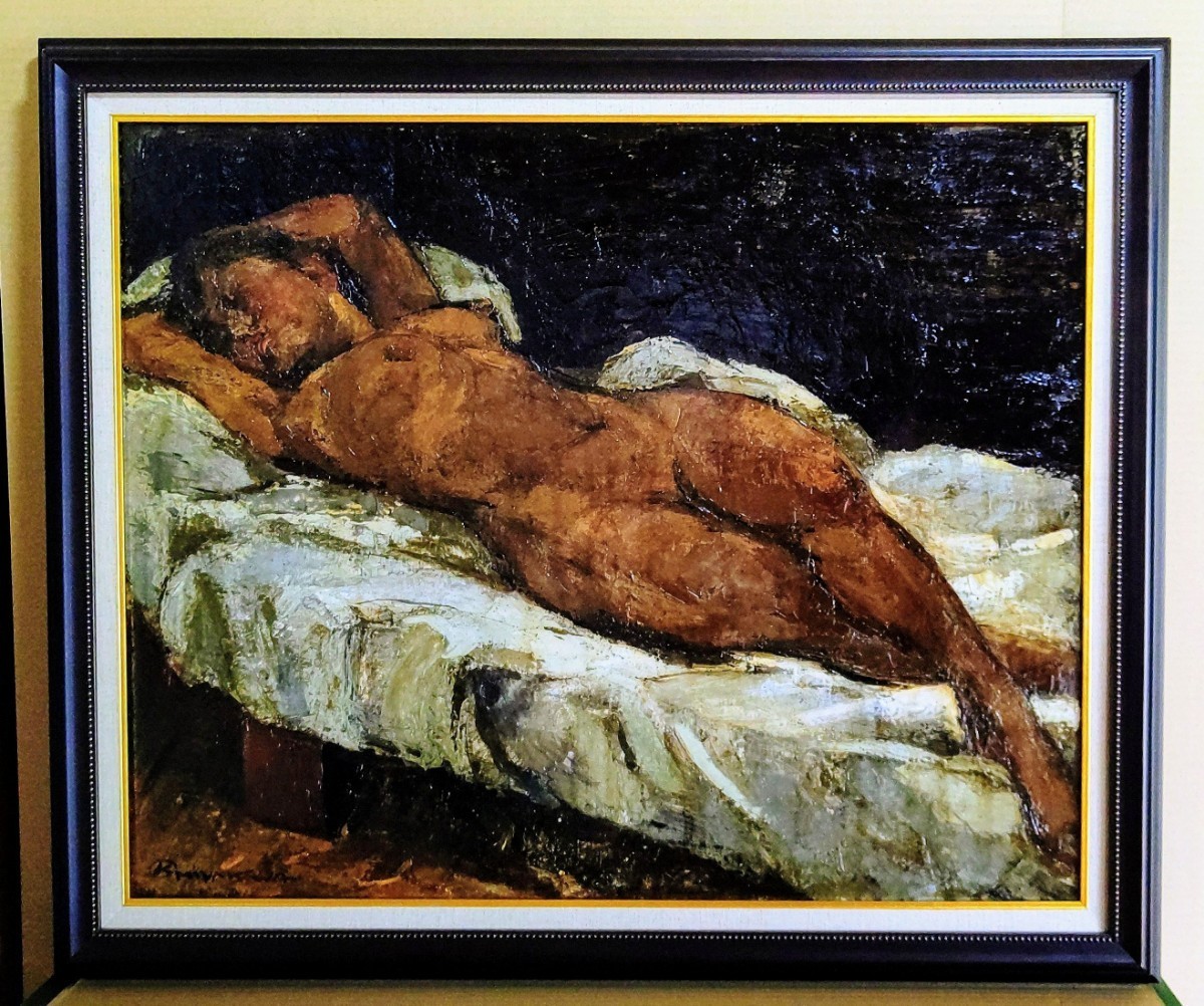 真作保証】 宮川仁1912~1973年額装油絵「裸婦画」 F-25号大作。ニ紀会