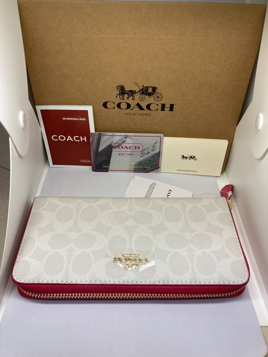 ☆新品未使用　正規品　COACH　コーチ　814　長財布　アコーディオンジップ　ウォレット 　シグネチャー　キャンバス　ホワイト/ピンク☆_画像3