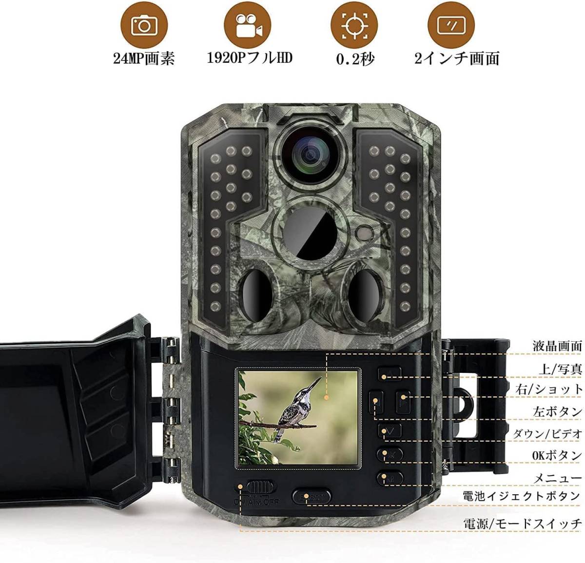 新品　トレイルカメラ Wosports 電池式防犯カメラ 赤外線カメラ 1920PフルHD 3000万画素 IP66級防水防塵 32GBメモリーカード付き _画像7