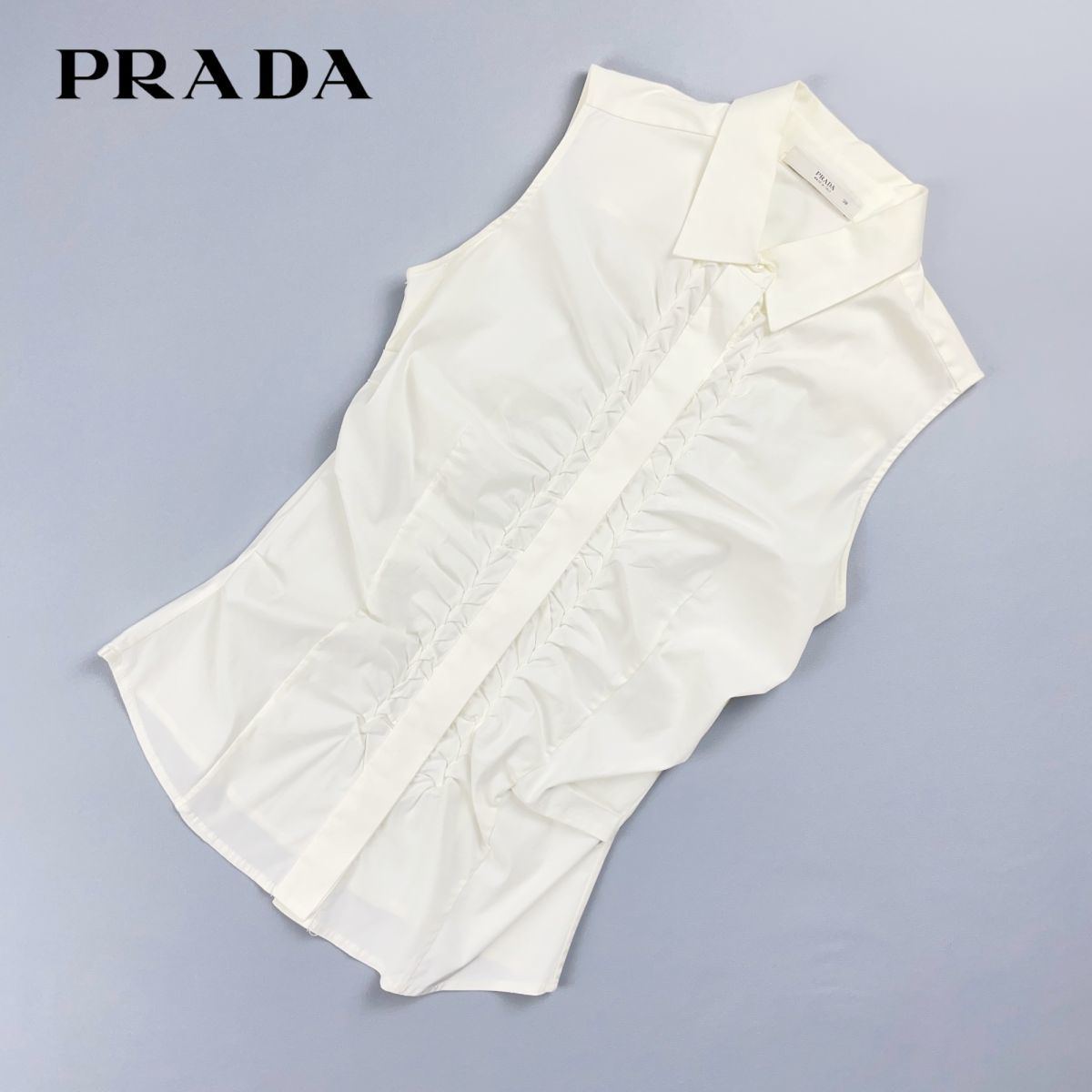 美品 PRADA プラダ イタリア製 フロントタック 襟付きノースリーブブラウスシャツ トップス レディース 白 ホワイト サイズ38*FC107