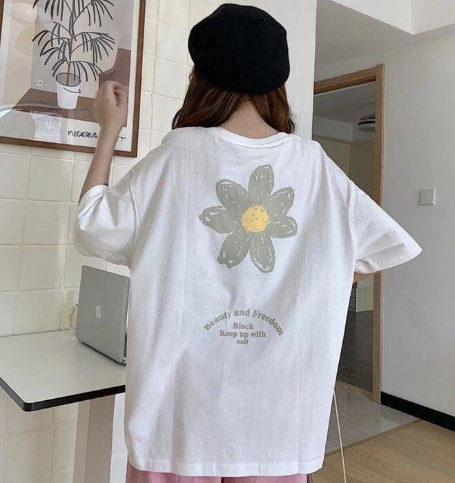 白★Lサイズ　ビッグTシャツ　オーバーサイズ　花柄　半袖　デイジー　カジュアル　シンプル