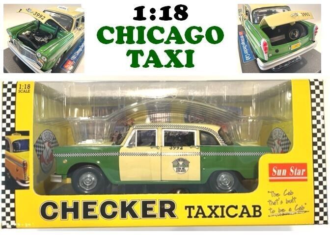 11" HUGE Checker Taxi Cab - Chicago Green & Tan 1:18 by Sun Star - Opening Doors 海外 即決