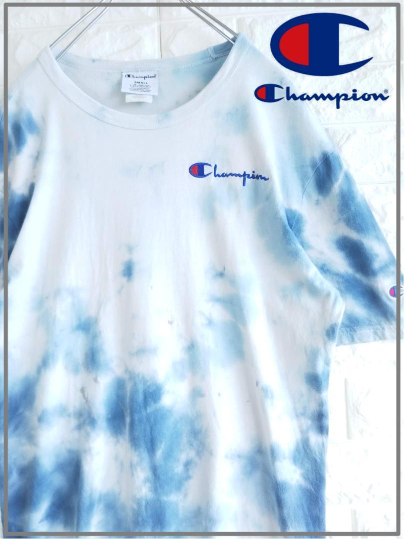 Champion チャンピオン 刺繍ロゴ ブルー タイダイ柄 Ｔシャツ　3334