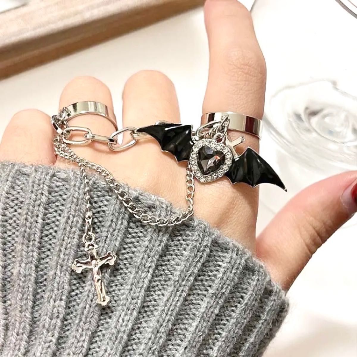 コウモリ ダブルリング ハート ゴスロリ 地雷女子 量産型 チェーン