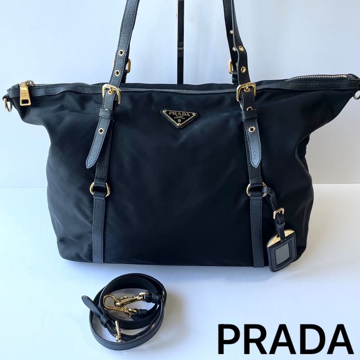 PRADA プラダ 2way トートバッグ ショルダーバッグ テスートナイロン × サフィアーノ レザー ゴールド金具 白タグ 黒