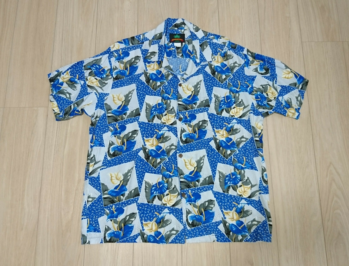PINEAPPLE JUICE パイナップルジュース ハワイ製 アロハシャツ XL 青 葉っぱ柄_画像1