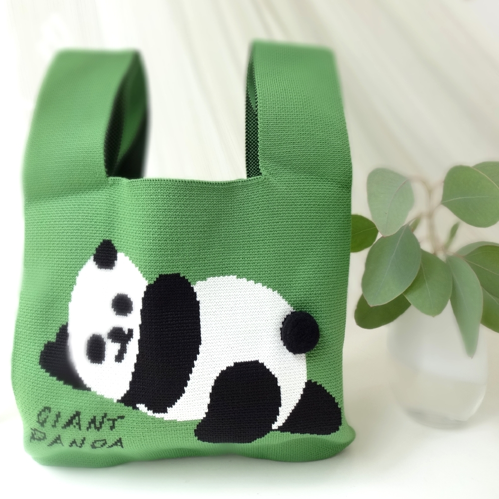 パンダ ニット ハンドバッグ トート ランチ バッグ グリーン 『 GIANT PANDA 』 BAG 生地 布 新品_画像2