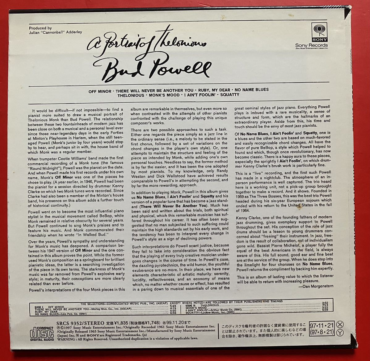 【紙ジャケCD】バド・パウエル「セロニアス・モンクの肖像 A Portrait of Thelonious +1」Bud Powell 国内盤 ボーナストラック[12250330]_画像2