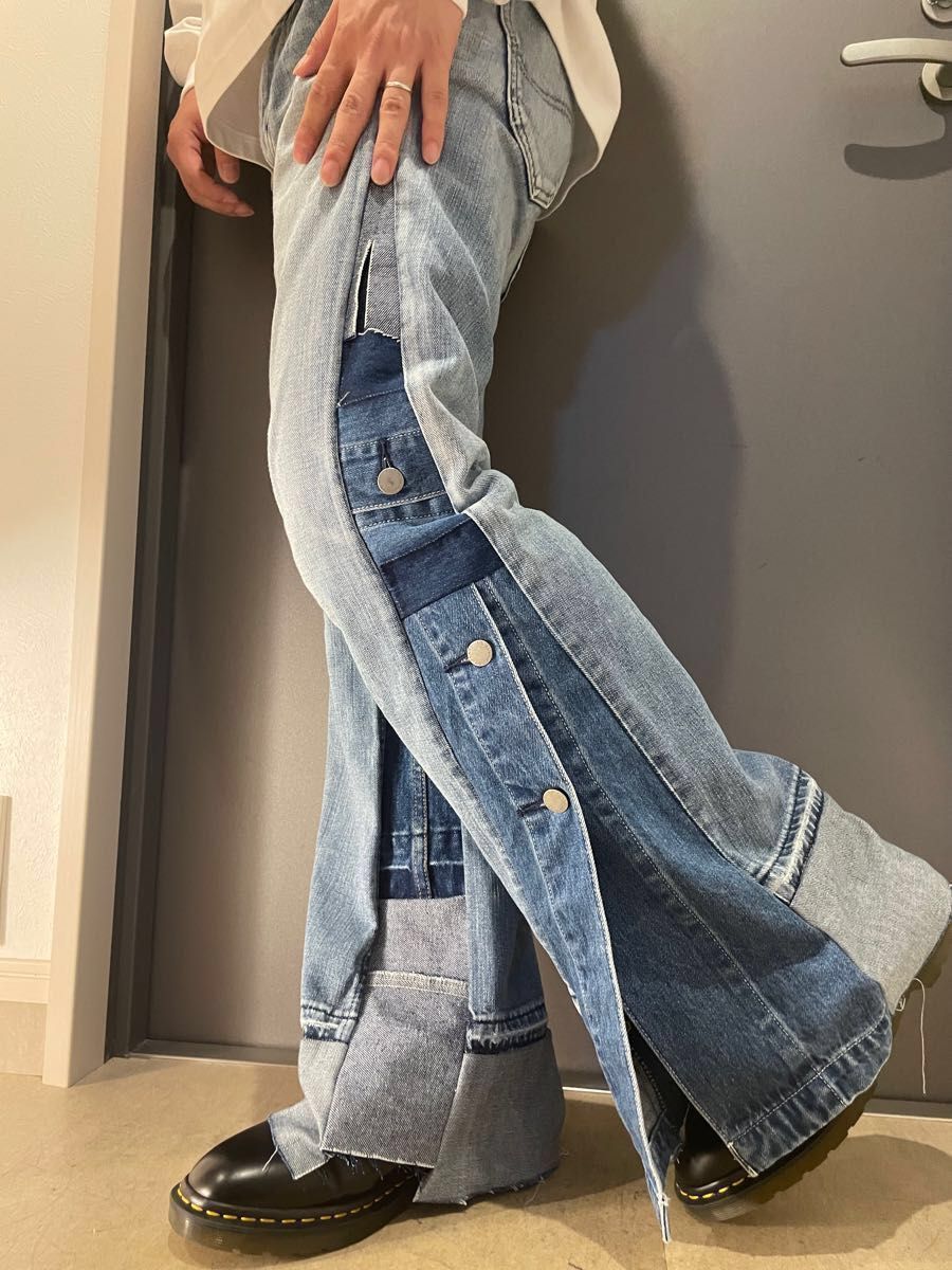 リメイクデニム パッチワーク デニムドッキング ワイドパンツ リメイクデニム パッチワーク デニムドッキング ワイドパンツ