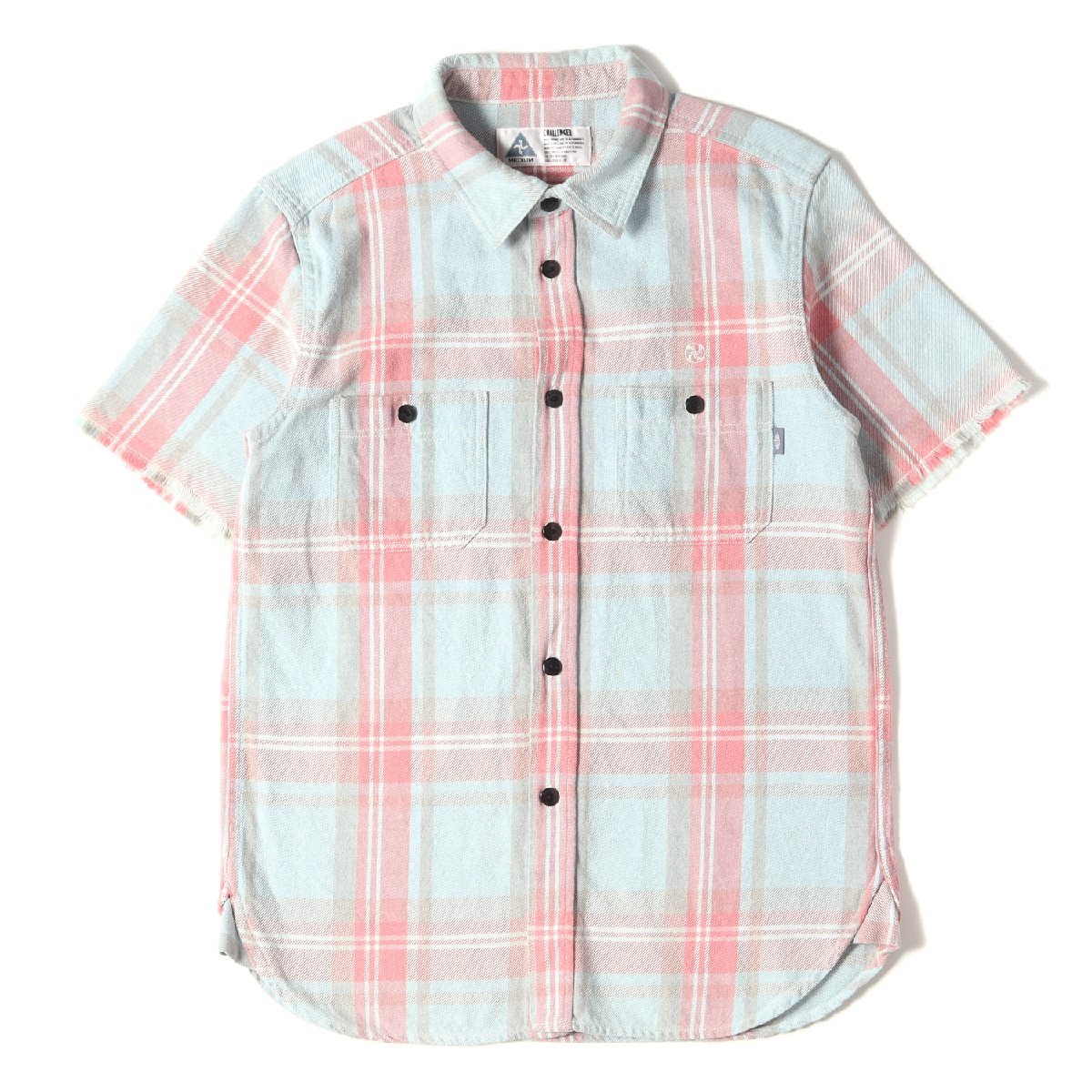 美品 CHALLENGER チャレンジャー シャツ サイズ:M 袖切りっぱなし チェック ヘビー ネルシャツ ライトブルー ピンク トップス 半袖