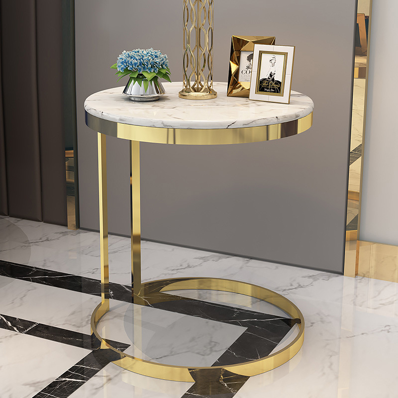出産祝い コーヒーテーブル 大理石とチタンゴールドの丸いサイドテーブル 高級感のある天板 ホワイトベースのテーブルトップ ゴールドの脚 サイドテーブル
