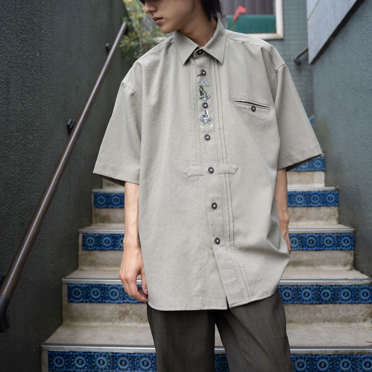 EU VINTAGE HALF SLEEVE EMBRROIDERY DESIGN TYROLEAN SHIRT/ヨーロッパ古着半袖刺繍デザインチロリアンシャツ_画像1