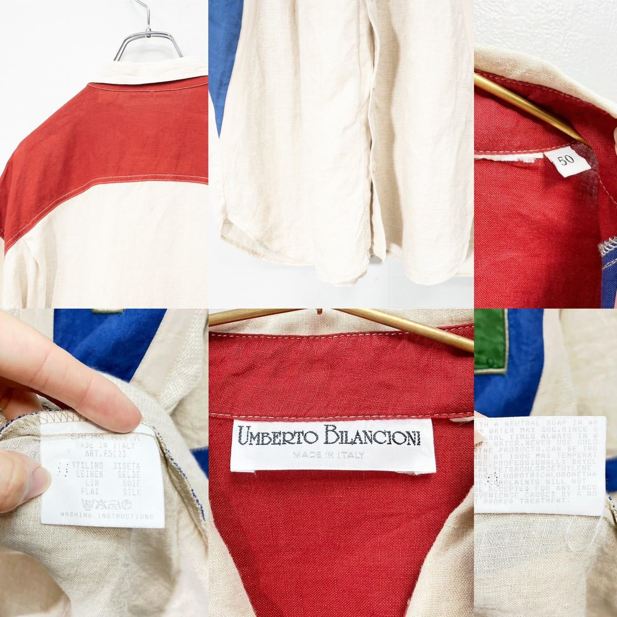 EU VINTAGE UMBERTO BILANCIONI HALF SLEEVE LINEN EMBROIDERY DESIGN SHIRT MADE IN ITALY/ヨーロッパ古着半袖リネン刺繍デザインシャツ