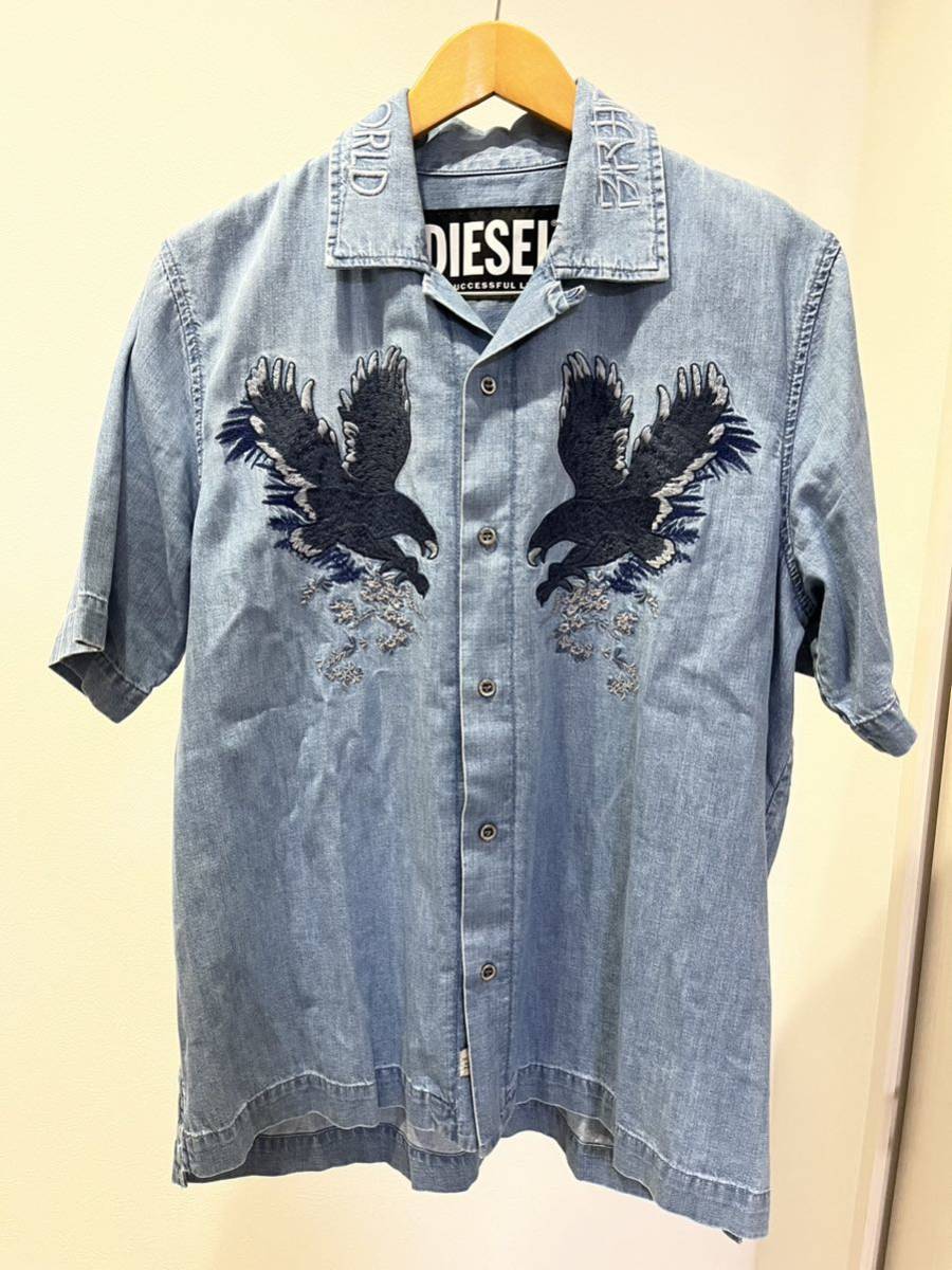 美品 DIESEL イーグルエンブロイダリー デニムシャツ M / ディーゼル オープンカラー 半袖シャツ 刺繍 アロハシャツ 定価35,200円_画像3