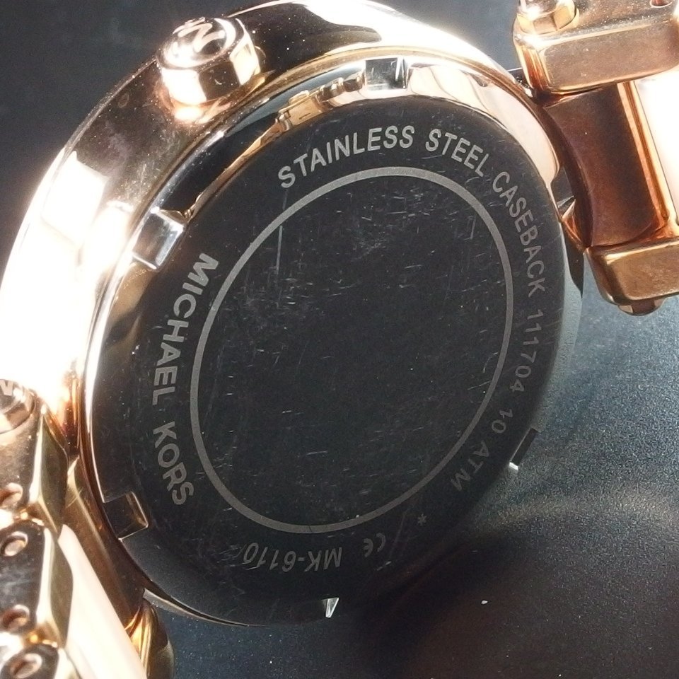 MICHAL KORS マイケルコース GP MK-6110 QZ ピンクゴールド カラー ストーン デイデイト 箱付 レディース 腕時計 「22038」_画像7