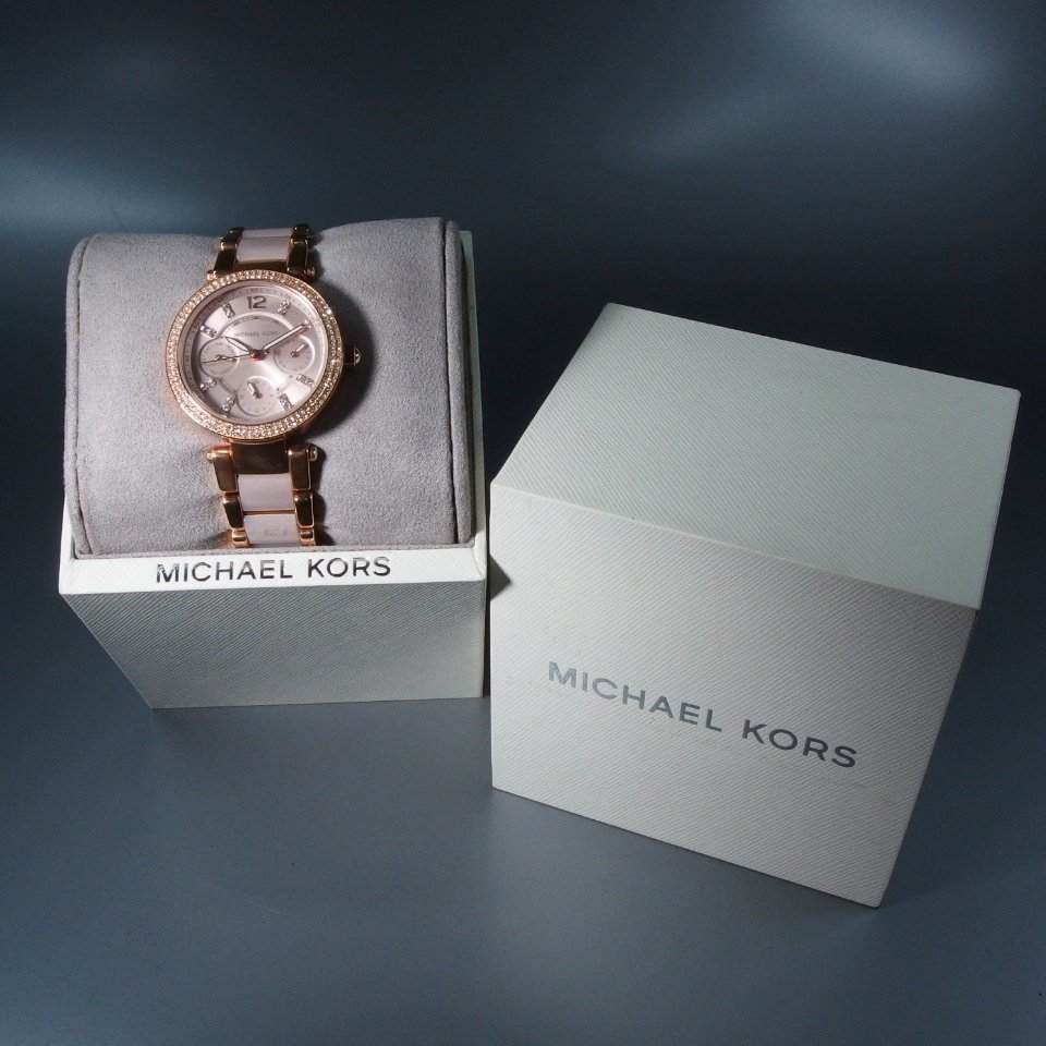 MICHAL KORS マイケルコース GP MK-6110 QZ ピンクゴールド カラー ストーン デイデイト 箱付 レディース 腕時計 「22038」_画像8