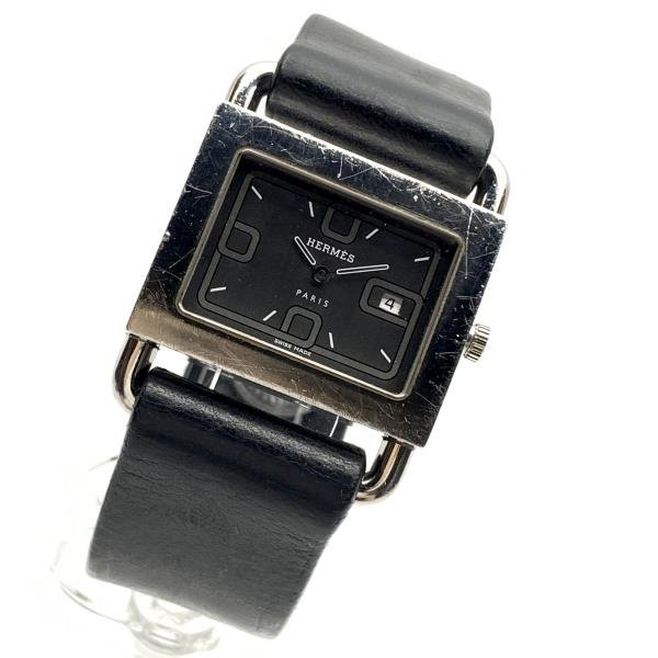 HERMES エルメス 腕時計 BA1.510 バレニア クオーツ グレー文字盤 2針 カレンダー デイト レザーベルト 黒 レディース 管理RY23003122