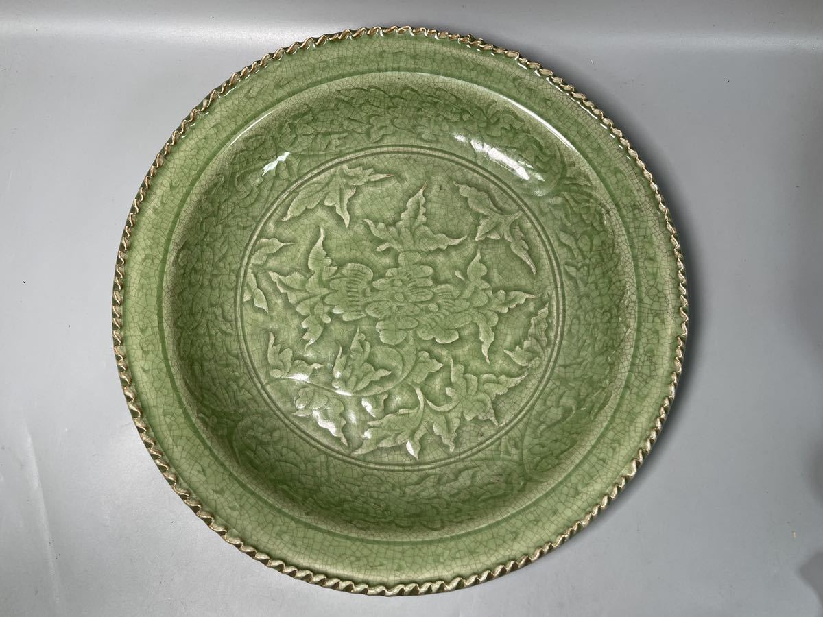 中国美術唐物龍泉窯青磁皿茶道具直径約40.9cm 大皿唐物青磁龍泉窯中国
