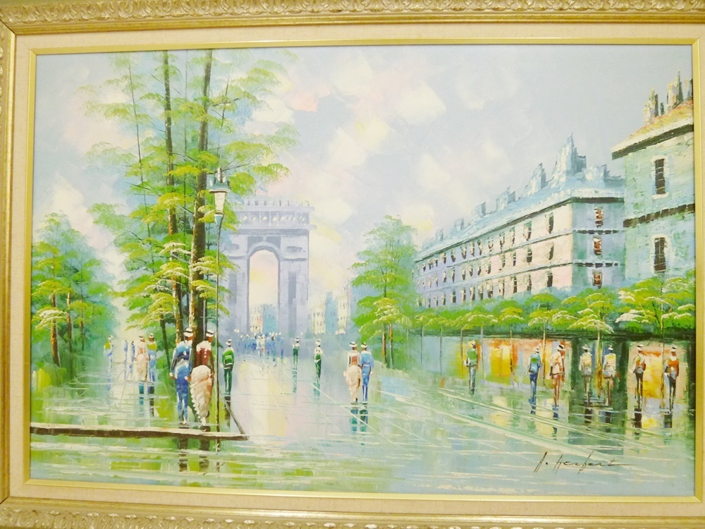 A23-1700　A.Herbert　Albert Herbert アルバート・ハーバート　Paris Scene パリの風景　凱旋門　絵画 油彩 油絵 風景画 大型 額装 W111cm_画像2