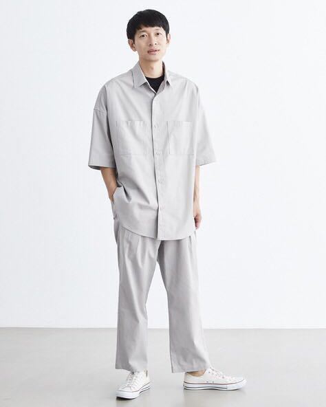  новый товар Loungewear tokyo лен искусственный шелк большой размер рубашка с коротким рукавом & конические брюки выставить L светло-серый большой Silhouette бесплатная доставка 
