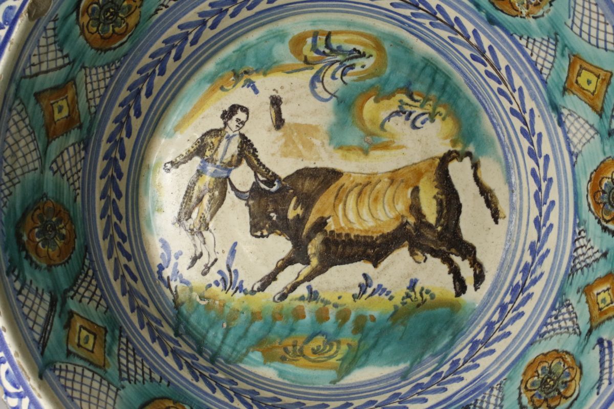 LIG】19世紀 スペイン古陶 彩色 闘牛文大鉢 特大53㎝ 陶器 洗面ボウル