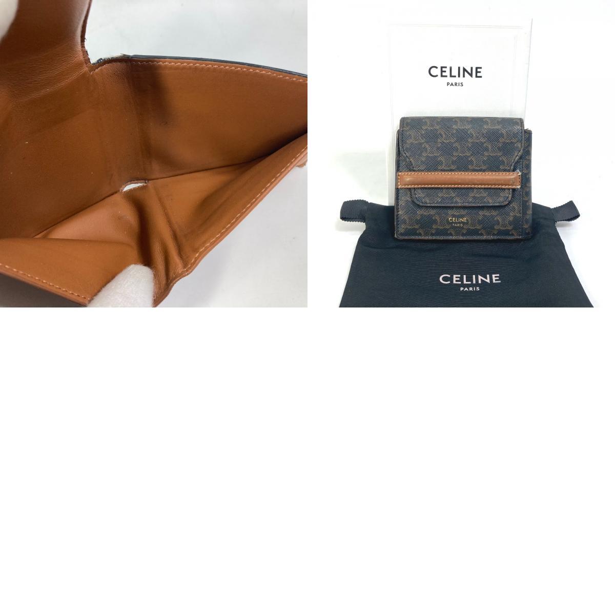 CELINE セリーヌ トリオンフ 札入れ フラップ付き 2つ折り財布 レザー ブラウン メンズ【中古】_画像10