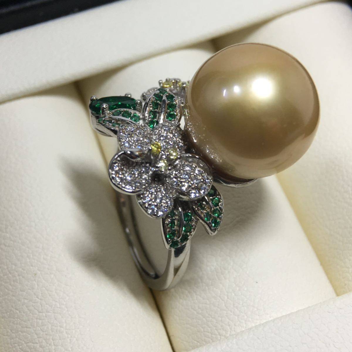 AR28 large grain 14.5mm Golden pearl White Butterfly south . pearl CZ diamond SV ring 