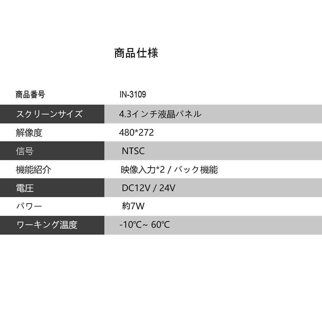 4.3インチバックミラーモニター 2画面 AV入力 簡単取付 12V/24V対応