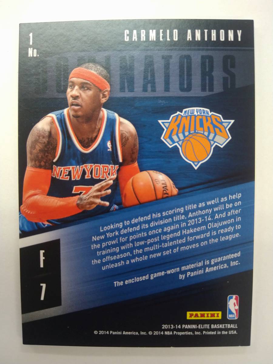 値下げ PANINI 2013-14 ELITE DOMINATORS No.1 CAMELO ANTHONY JERSEY CARD 特価即決 13-14 カーメロ アンソニー_画像2