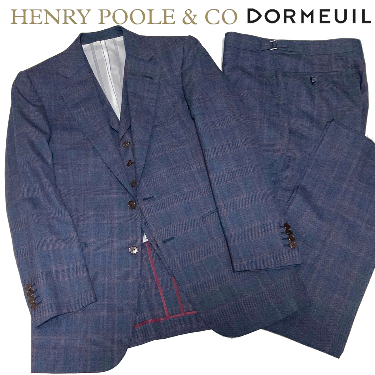 新品/A5 英国老舗 ヘンリープール HENRY POOLE Dormeuil SUMMER HOXTON 極上生地 スリーピーススーツ 本切羽 ヘンリープール サンプル品