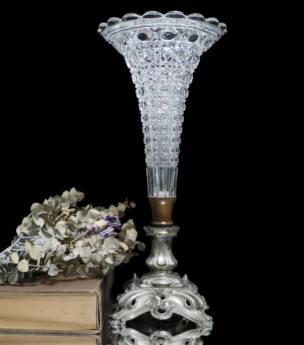 オールド・バカラ(BACCARAT) 1880年頃 極稀少型 37cm 大型 センターピース 花瓶 2kg アンティーク ディアマン ピエーリー 義山 春海商店
