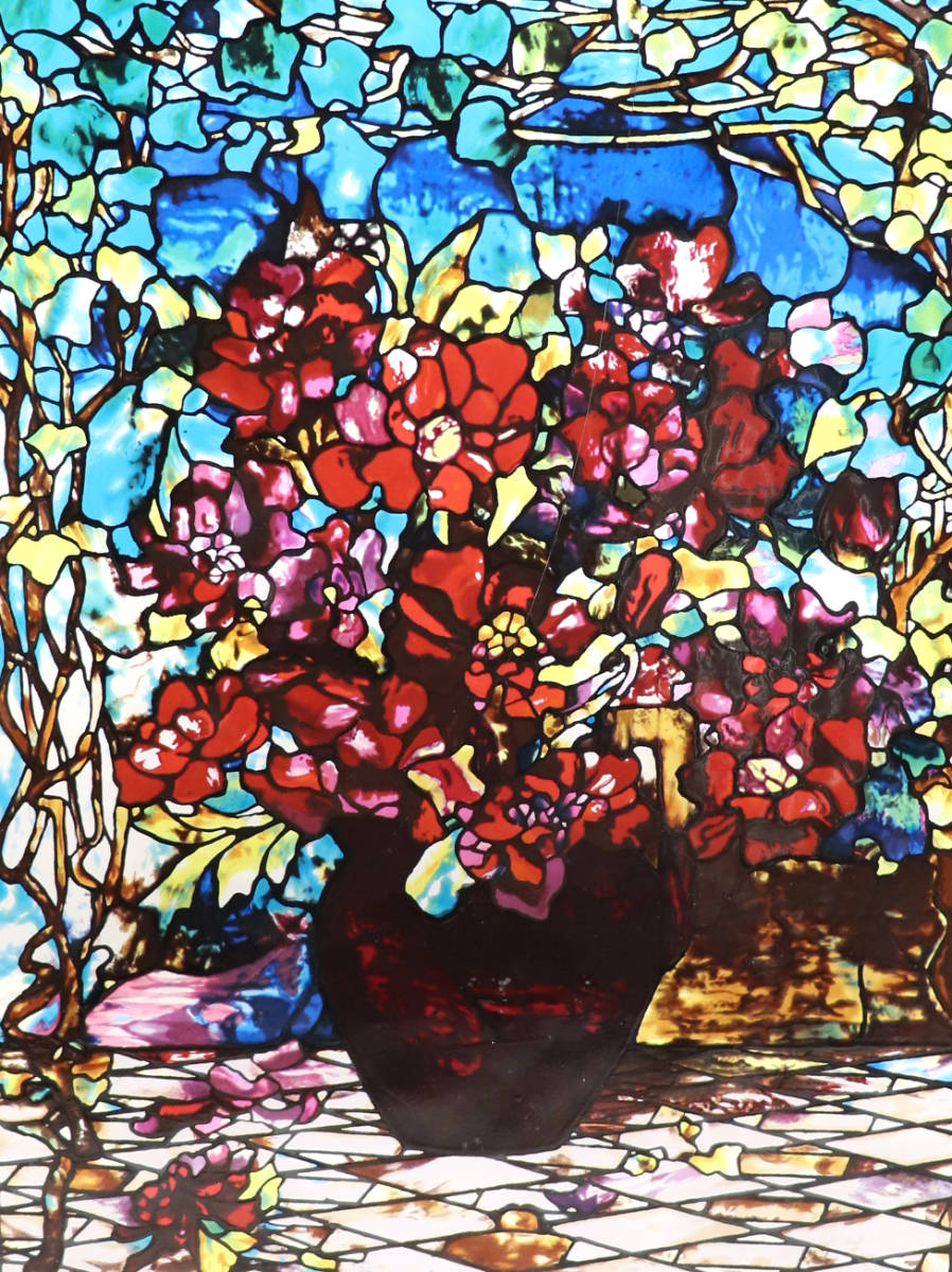 ルイス・C・ティファニー ヴィンテージ ステンドグラス 赤い牡丹の花瓶 大型 グラスマスターズ社 スタジオ トロント レア ラファージ 教会_画像2