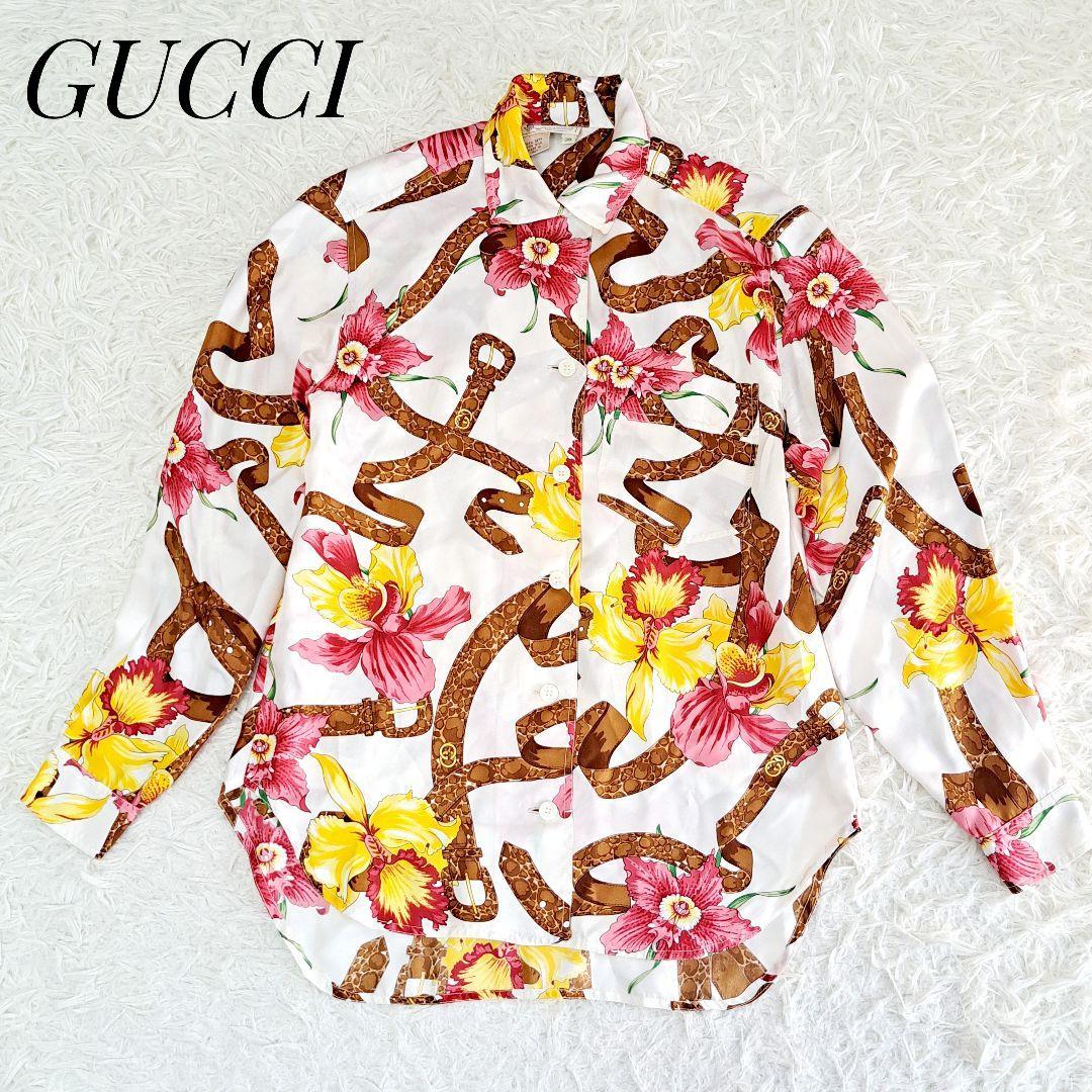 新発売 GUCCI レア シルク100% 80'sヴィンテージブラウスシャツ 38 花