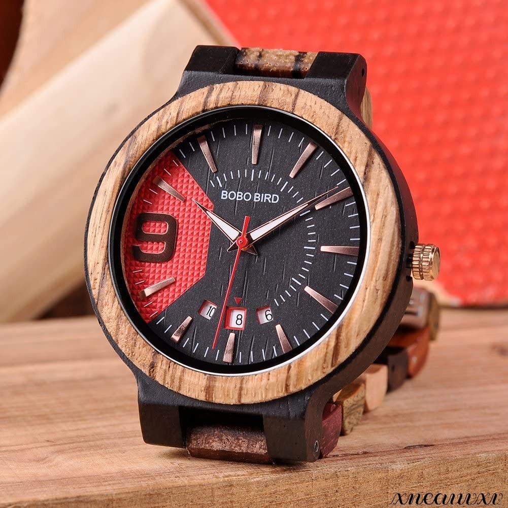 天然木の ウッドウォッチ 日本製 クオーツ ブラック/レッド 手作り メンズ ビジネス オシャレ 木製 ウォッチ カジュアル 男性 腕時計