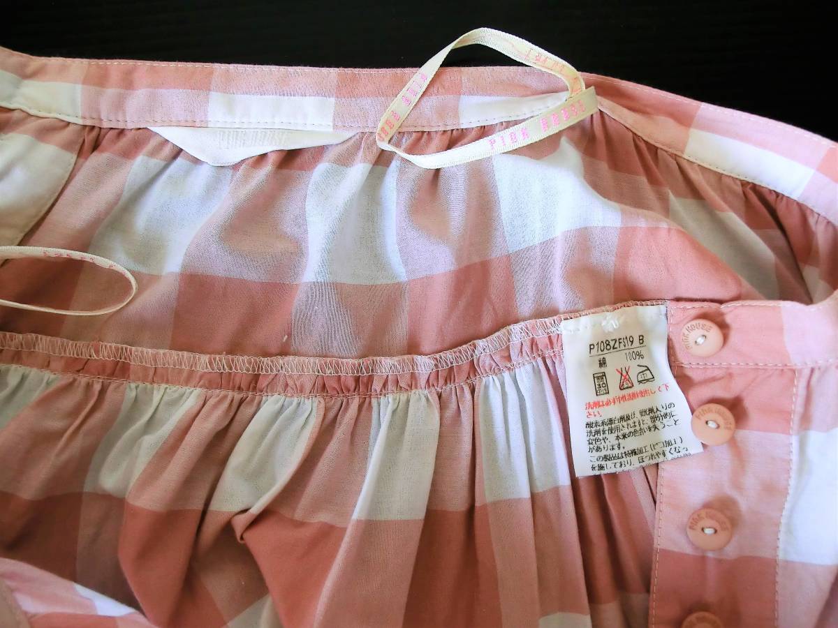  Pink House *PINK HOUSE* длинная юбка розовый × белый серебристый жевательная резинка проверка (3.5.)* кружевная лента имеется * обе открытие * сделано в Японии *USED