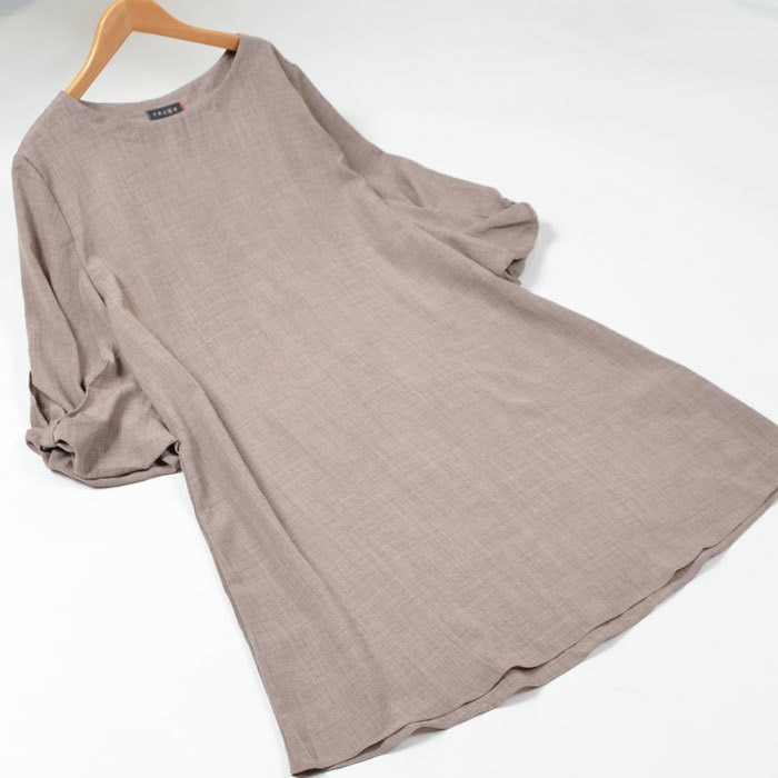  new goods *L~LL sleeve ribbon tunic One-piece 7 minute sleeve lady's flair beautiful . large size easy spring summer / mocha / mail service possible /11064330