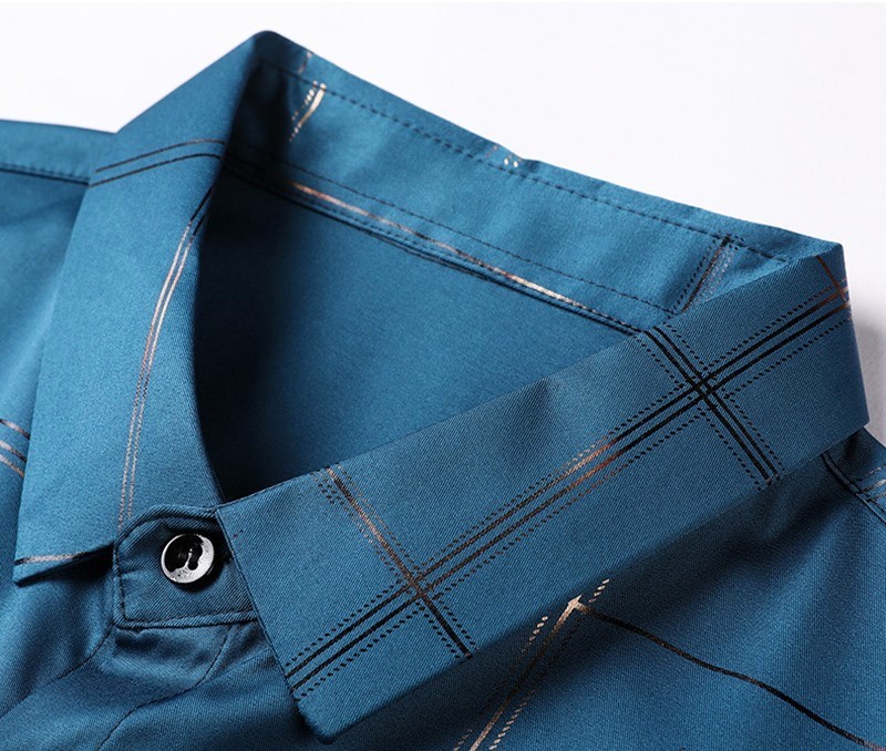 D858-2XL新品DCKMANY■箔押し 長袖シャツ メンズ ストライプ 格子柄シャツ ノーアイロン 夏 薄手シャツ シルクのような質感/ブルー_画像5