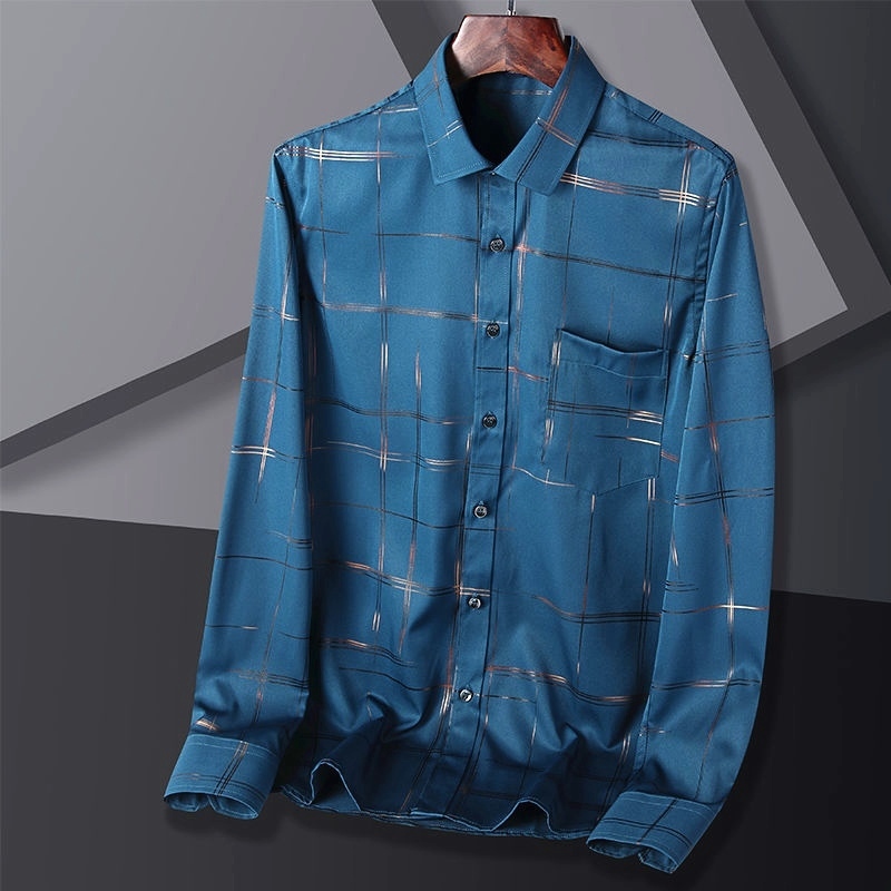 D858-XL新品DCKMANY■箔押し 長袖シャツ メンズ ストライプ 格子柄シャツ ノーアイロン 夏 薄手シャツ シルクのような質感/ブルー_画像1