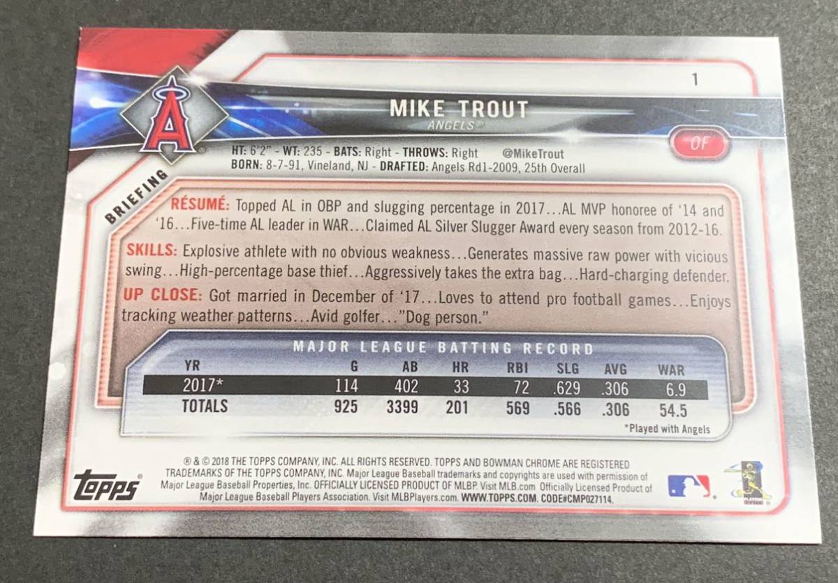 2018 Bowman Mike Trout 1 Angels Topps MLB マイク・トラウト　エンゼルス　トップス_画像2