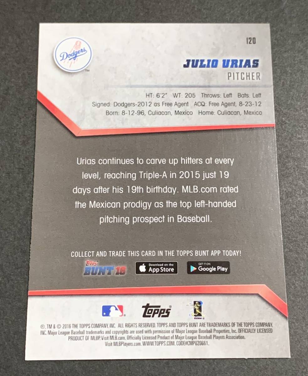 2016 Topps Bunt Julio Urias 120 RC Rookie Dodgers MLB フリオ・ウリアス ルーキー　ドジャース　トップス_画像2