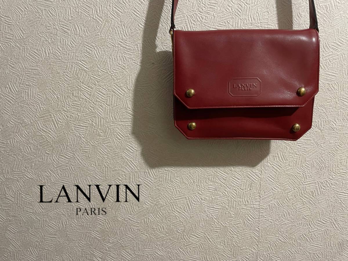 ◯ フランス製 Vintage LANVIN スタッズ レザー ショルダー バッグ / ランバン ポーチ バーガンディ ボルドー 赤 Mens Ladies #Sirchive
