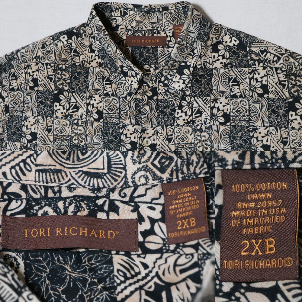 アメリカ購入品 USA製 美品 TORI RICHARD トリリチャード レギュラーカラー コットン アロハシャツ パッチワーク柄 ベージュ黒 2XB_画像8